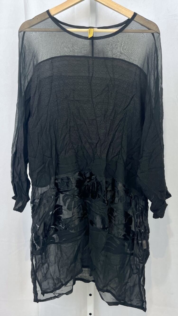 STALEY GRETZINGER Sheer Tunic Top Mini Dress Wearable Art Lagenlook Black Size M